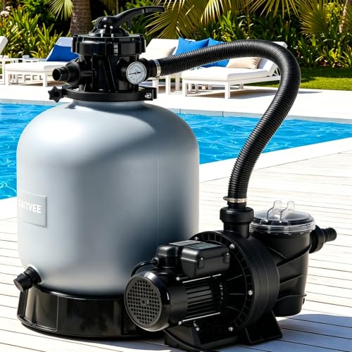 GarveeHome 1.5HP Pool Sand Filter Pump System, 6075GPH Above Ground Pool Filter with 7-Way Multi-Port Valve, 19-Inch Sand Filter Tank with Timer & Strainer Basket for Pools Up to 20,000 Gallons, Grey